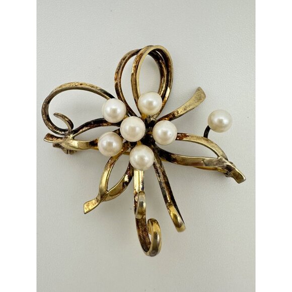 RR vintage sterling silver gold vermeil real freshwater pearls ribbon brooch pin - Picture 1 of 8